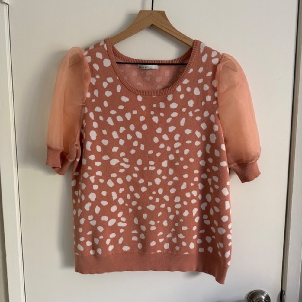 Kaily K Womens Peach White Polka Dot Sheer Puff Sleeve Knit Sweater Top